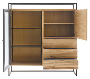 Offenes Highboard aus Holz mit Glas- und Holztüren, drei Schubladen und Regalböden, frontal betrachtet.