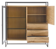 Offenes Highboard aus Holz mit Glas- und Holztüren, drei Schubladen und Regalböden, frontal betrachtet.