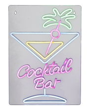 LED Neonlicht mit Cocktailglas und Palme, Aufschrift 'Cocktail Bar', frontale Ansicht