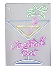 LED Neonlicht mit Cocktailglas und Palme, Aufschrift 'Cocktail Bar', frontale Ansicht