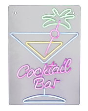 LED Neonlicht mit Cocktailglas und Palme, Aufschrift 'Cocktail Bar', frontale Ansicht