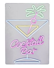 LED Neonlicht mit Cocktailglas und Palme, Aufschrift 'Cocktail Bar', frontale Ansicht