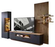 Moderne Wandkombination RENO mit TV-Schrank, Vitrine und Holzpaneel mit Regalen, seitliche Perspektive.