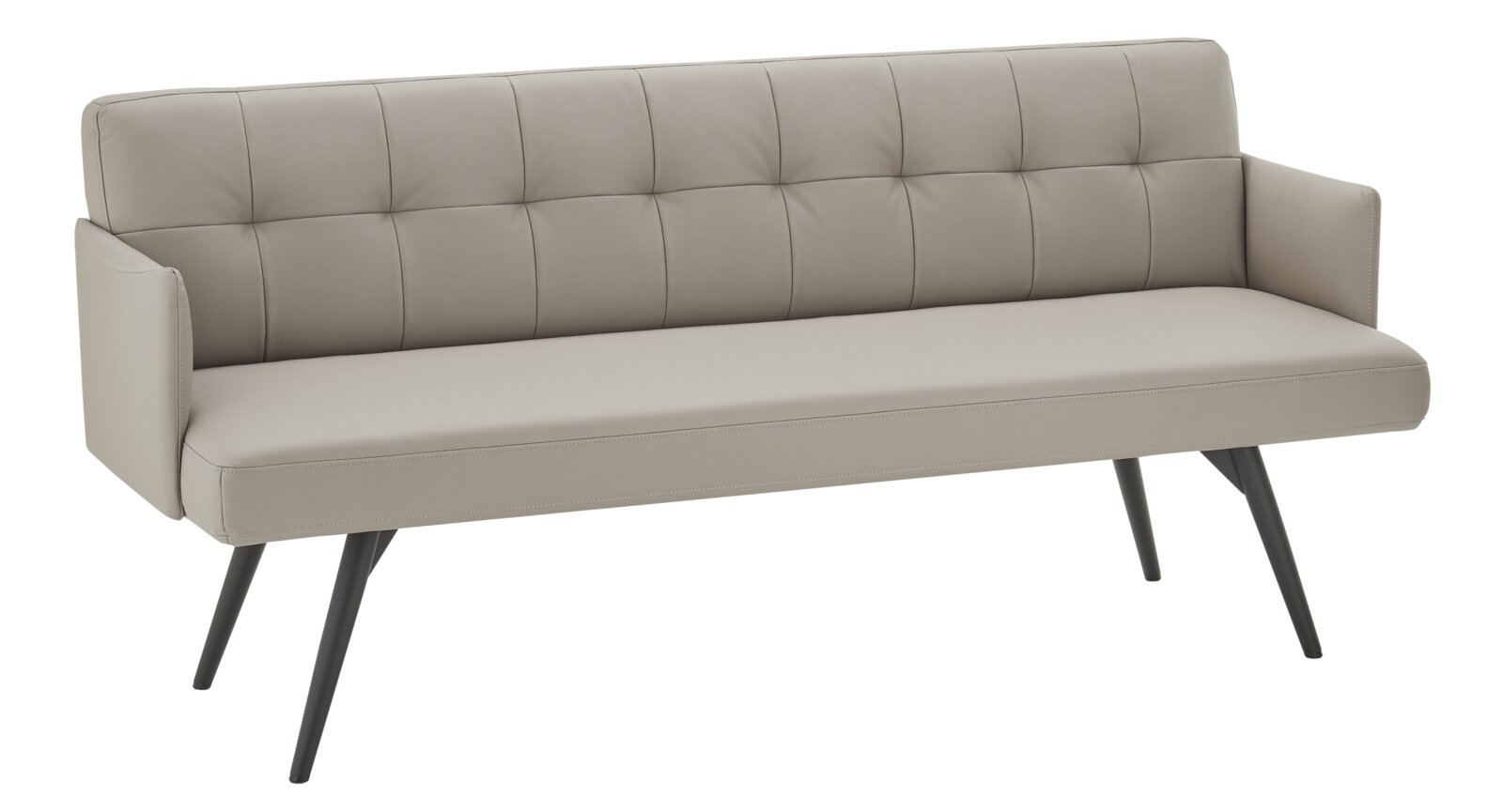 Moderne gepolsterte Sitzbank in Taupe mit gesteppter Rückenlehne, Armlehnen und schrägen schwarzen Metallbeinen, aus frontaler Dreiviertelperspektive