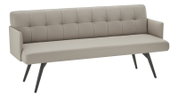 Moderne gepolsterte Sitzbank in Taupe mit gesteppter Rückenlehne, Armlehnen und schrägen schwarzen Metallbeinen, aus frontaler Dreiviertelperspektive