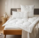 Gemütliches Schlafzimmer mit einem Bett, das mit einer weißen Ganzjahresbettdecke und passenden Kissen in Nahaufnahme dekoriert ist.