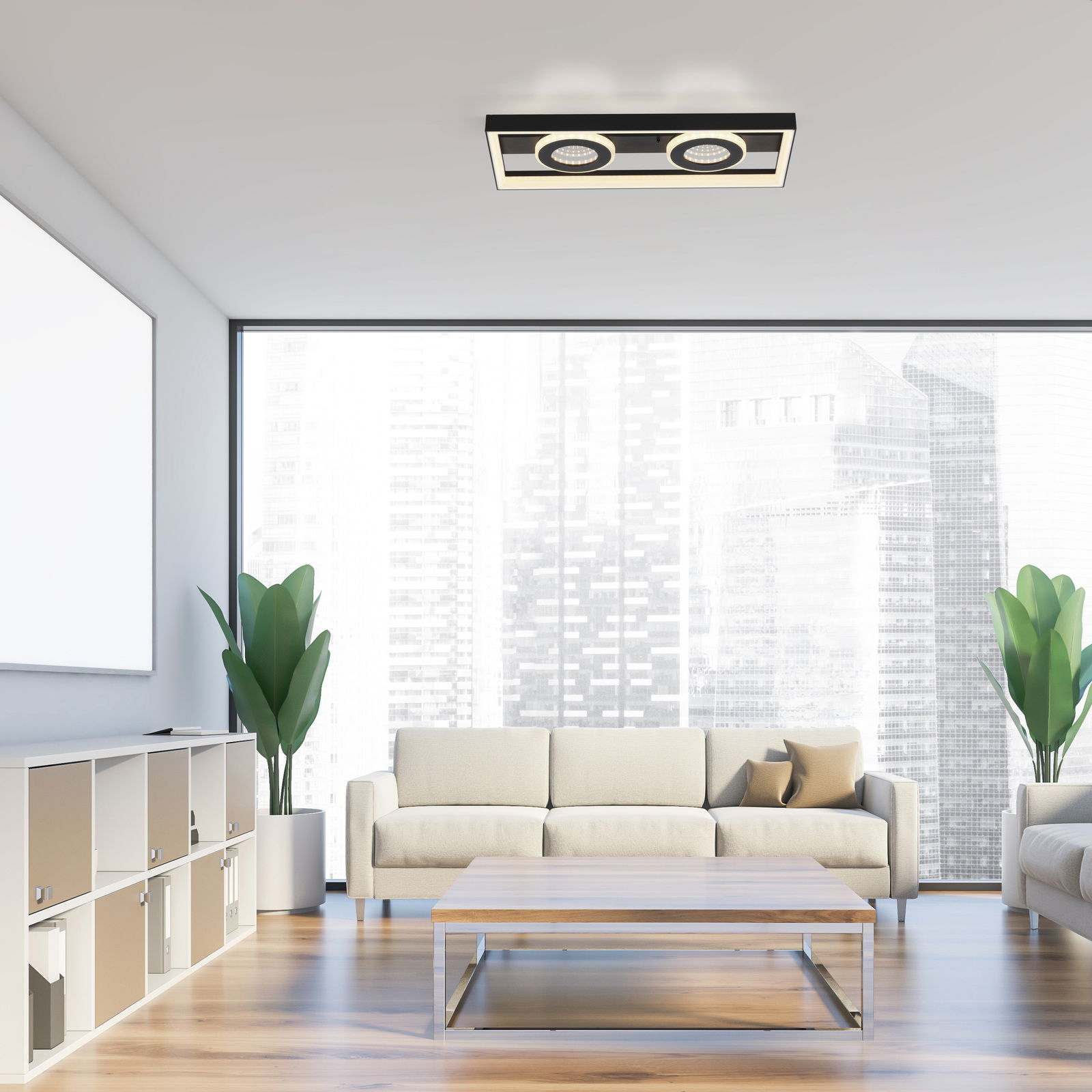 Moderne LED-Deckenleuchte in einem stilvollen Wohnzimmer, von unten betrachtet.