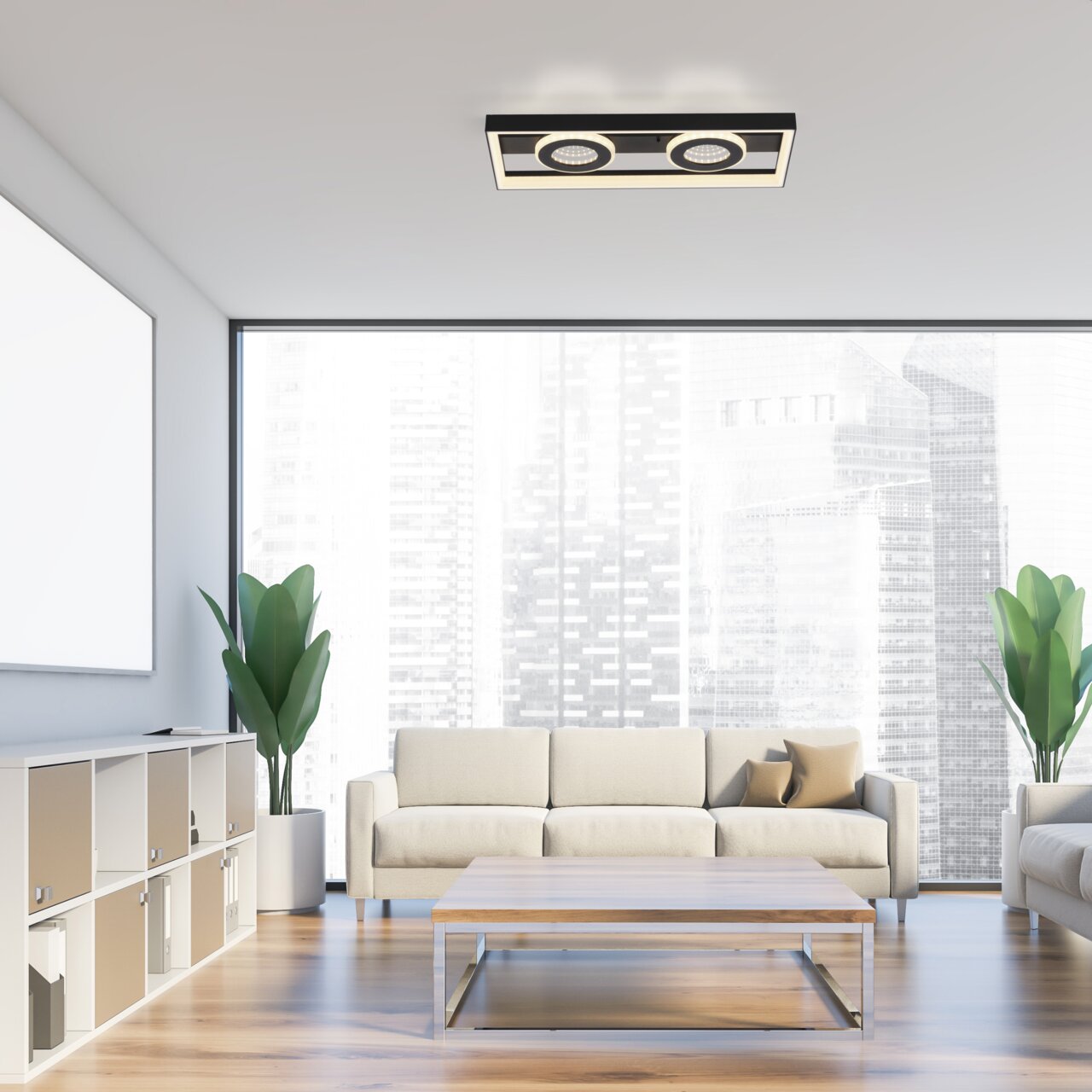 Paul Neuhaus LED-Deckenleuchte TRAFORO Moderne LED-Deckenleuchte in einem stilvollen Wohnzimmer, von unten betrachtet.