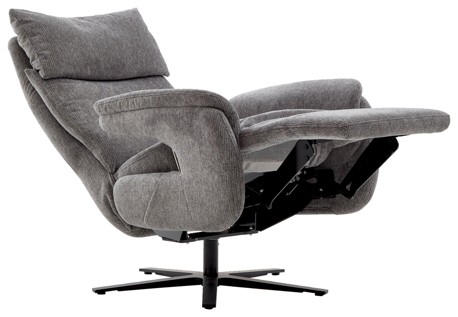 Grijze tv-fauteuil in liggende stand, zijaanzicht