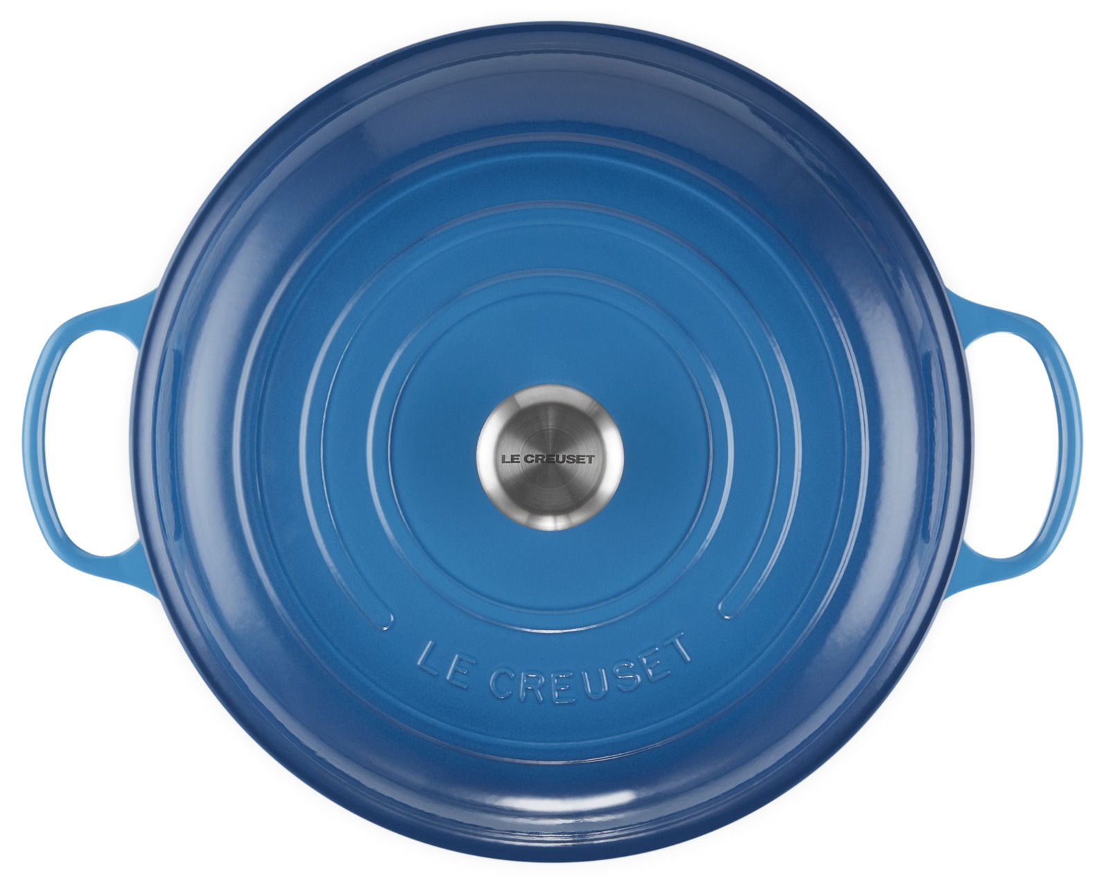 Blaue Le Creuset Gusseisenpfanne mit zwei Griffen, Draufsicht