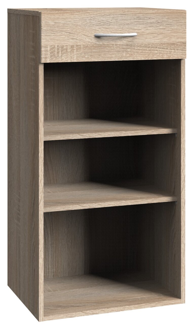 Holzregal mit drei offenen Fächern und einer Schublade, Perspektive von vorne links