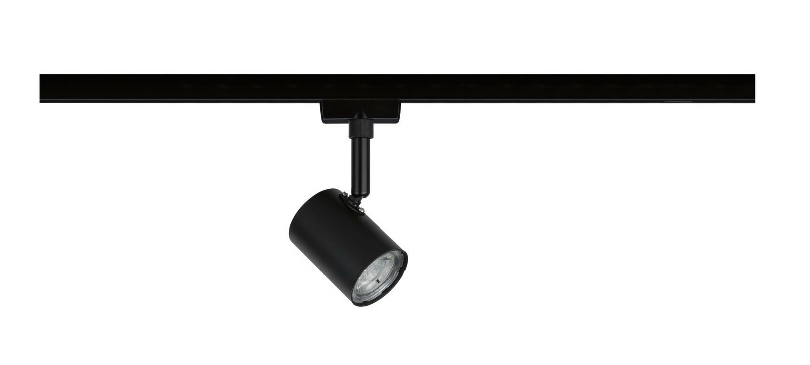 Schwarzer Schienenspot Limba, seitliche Perspektive, montiert an einer Schiene.