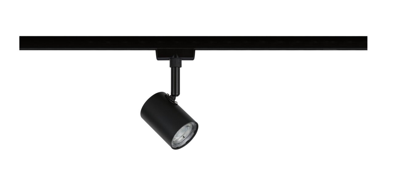 Schwarzer Schienenspot Limba, seitliche Perspektive, montiert an einer Schiene.