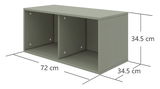 RegalFlexa Regal ROOMIE in grauer Farbe, rechteckig mit zwei Fächern, Abmessungen 72 cm Breite, 34,5 cm Höhe und Tiefe, seitliche Perspektive.
