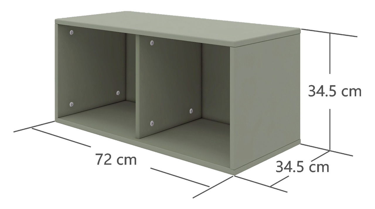 RegalFlexa Regal ROOMIE in grauer Farbe, rechteckig mit zwei Fächern, Abmessungen 72 cm Breite, 34,5 cm Höhe und Tiefe, seitliche Perspektive.