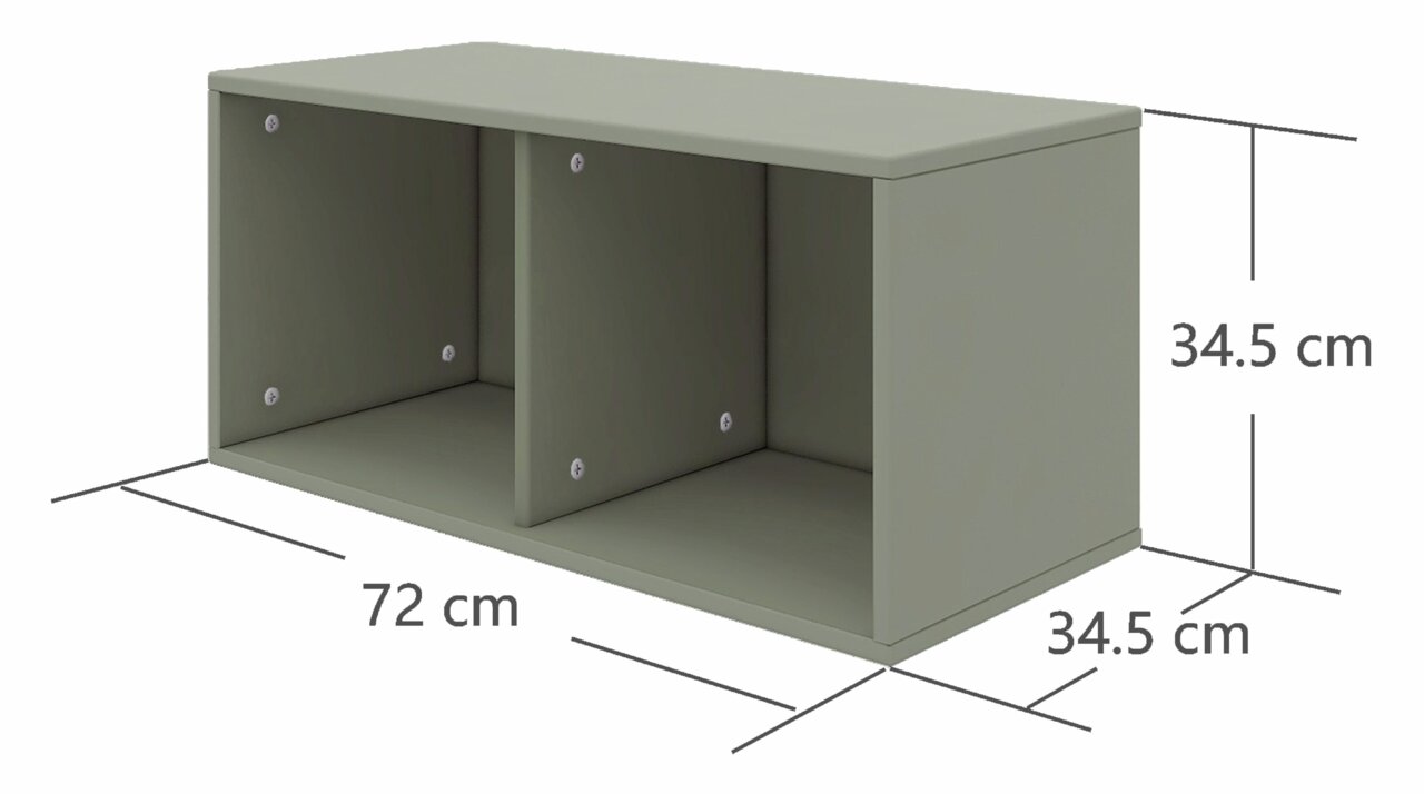 RegalFlexa Regal ROOMIE in grauer Farbe, rechteckig mit zwei Fächern, Abmessungen 72 cm Breite, 34,5 cm Höhe und Tiefe, seitliche Perspektive.