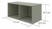 RegalFlexa Regal ROOMIE in grauer Farbe, rechteckig mit zwei Fächern, Abmessungen 72 cm Breite, 34,5 cm Höhe und Tiefe, seitliche Perspektive.