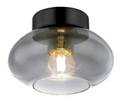 Moderne Deckenleuchte mit schwarzem Sockel und transparentem Glas, seitliche Perspektive