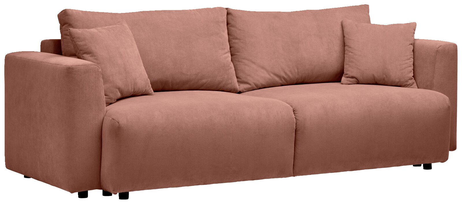 Rosa Funktionssofa mit zwei großen und zwei kleinen Kissen, seitliche Perspektive