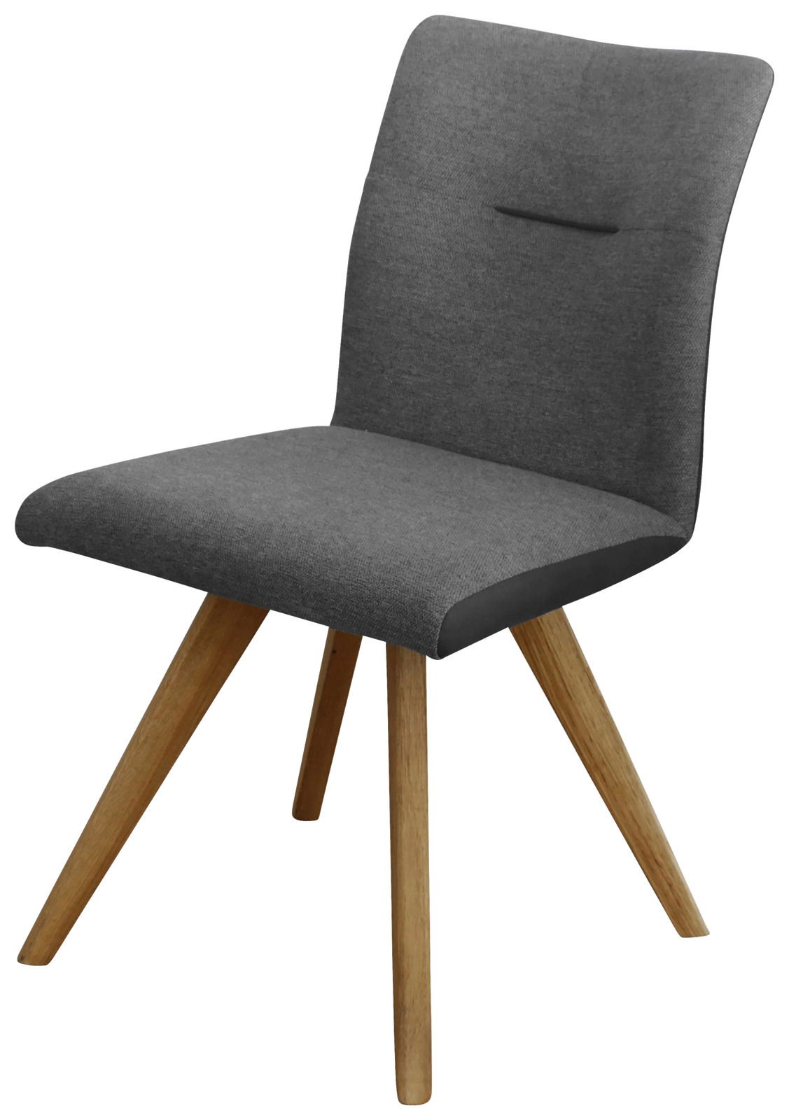 Moderner grauer Stuhl mit Holzbeinen, seitliche Perspektive