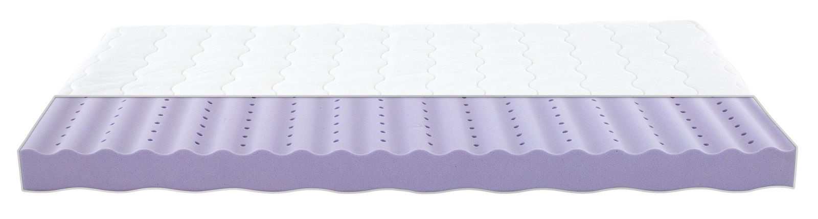 Querschnitt einer Jugendmatratze 120x200 cm mit wellenförmiger Oberfläche und lila Schaumstoffkern, seitliche Perspektive