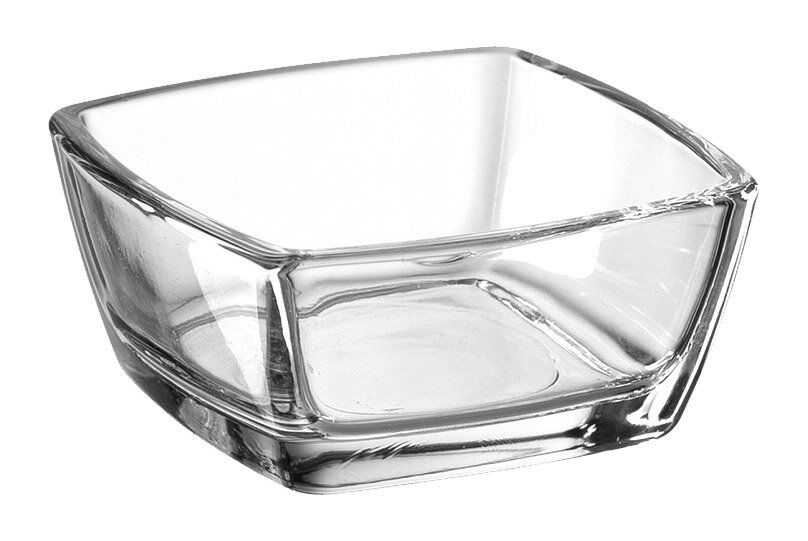 Klare, quadratische Glasschale in leicht schräger Perspektive