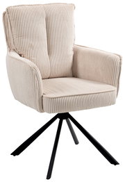 Beiger Sessel mit geripptem Stoffbezug und schwarzem Metallgestell, seitliche Perspektive