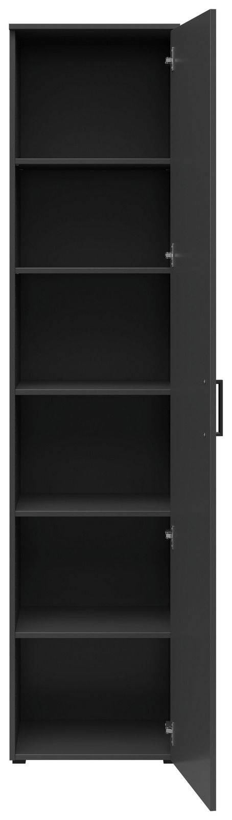 Schwarzer Mehrzweckschrank mit fünf offenen Regalböden, Tür leicht geöffnet, Frontalansicht.