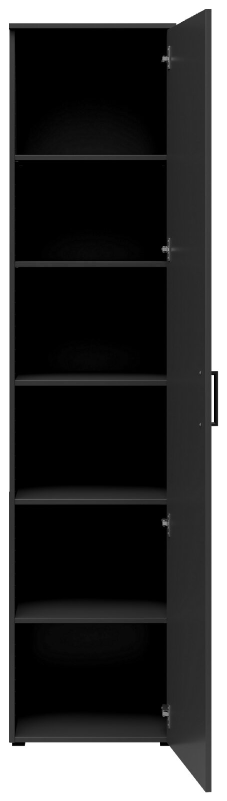 Schwarzer Mehrzweckschrank mit fünf offenen Regalböden, Tür leicht geöffnet, Frontalansicht.