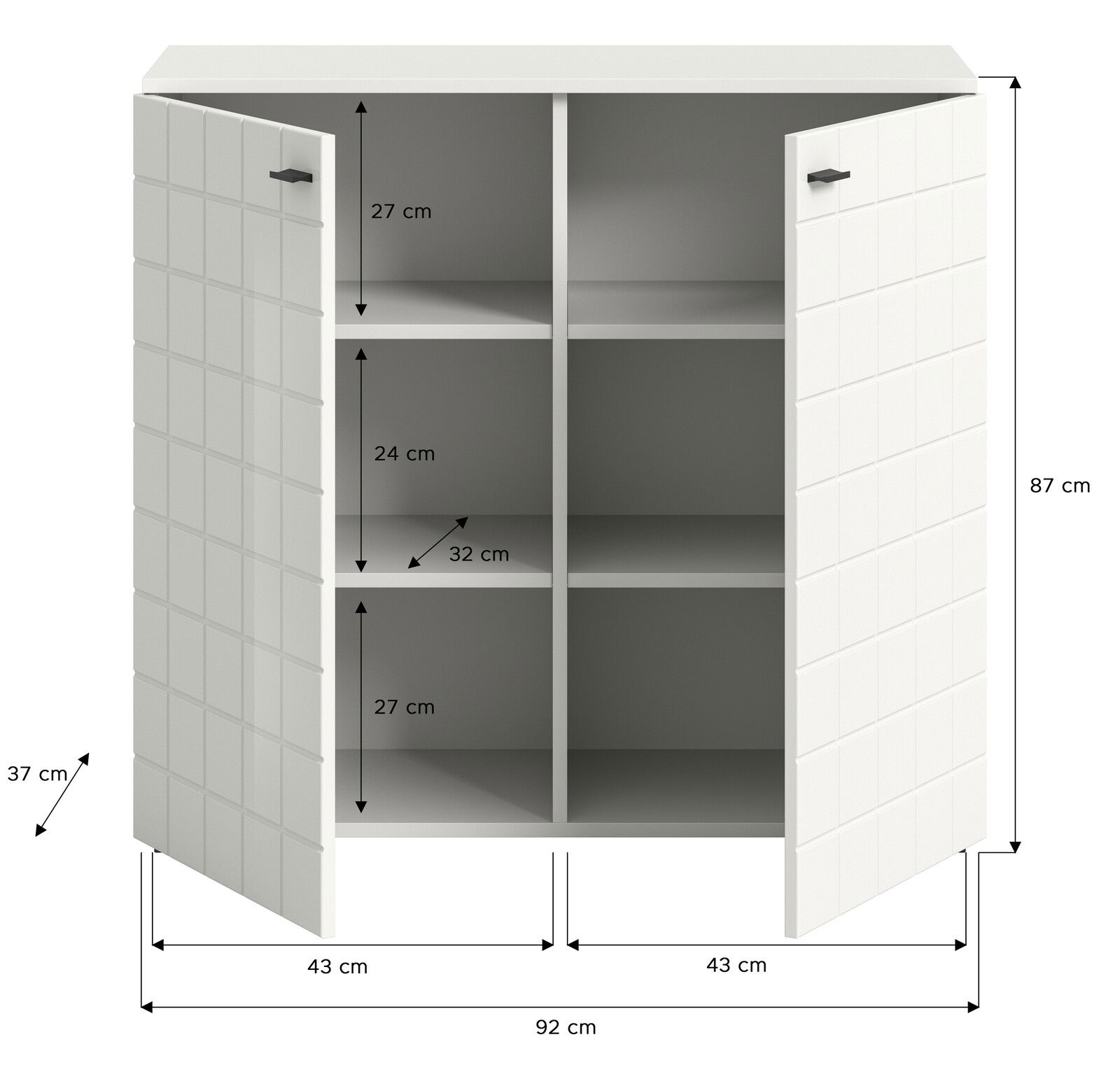 Weiße Kommode mit zwei geöffneten Türen, vier Fächern und quadratischem Muster auf den Türen, frontal betrachtet.