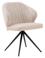 Beiger Armlehnstuhl mit schwarzem Metallgestell, seitliche Perspektive