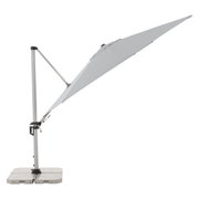 Seitliche Ansicht eines grauen Pendelschirms mit stabilem Standfuß und verstellbarem Arm.