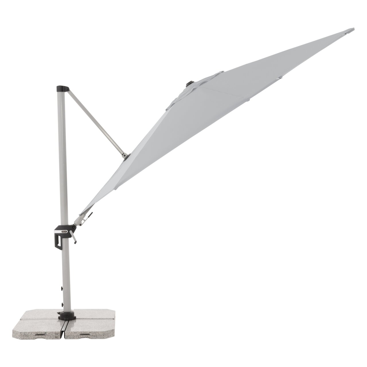Seitliche Ansicht eines grauen Pendelschirms mit stabilem Standfuß und verstellbarem Arm.