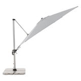 Seitliche Ansicht eines grauen Pendelschirms mit stabilem Standfuß und verstellbarem Arm.