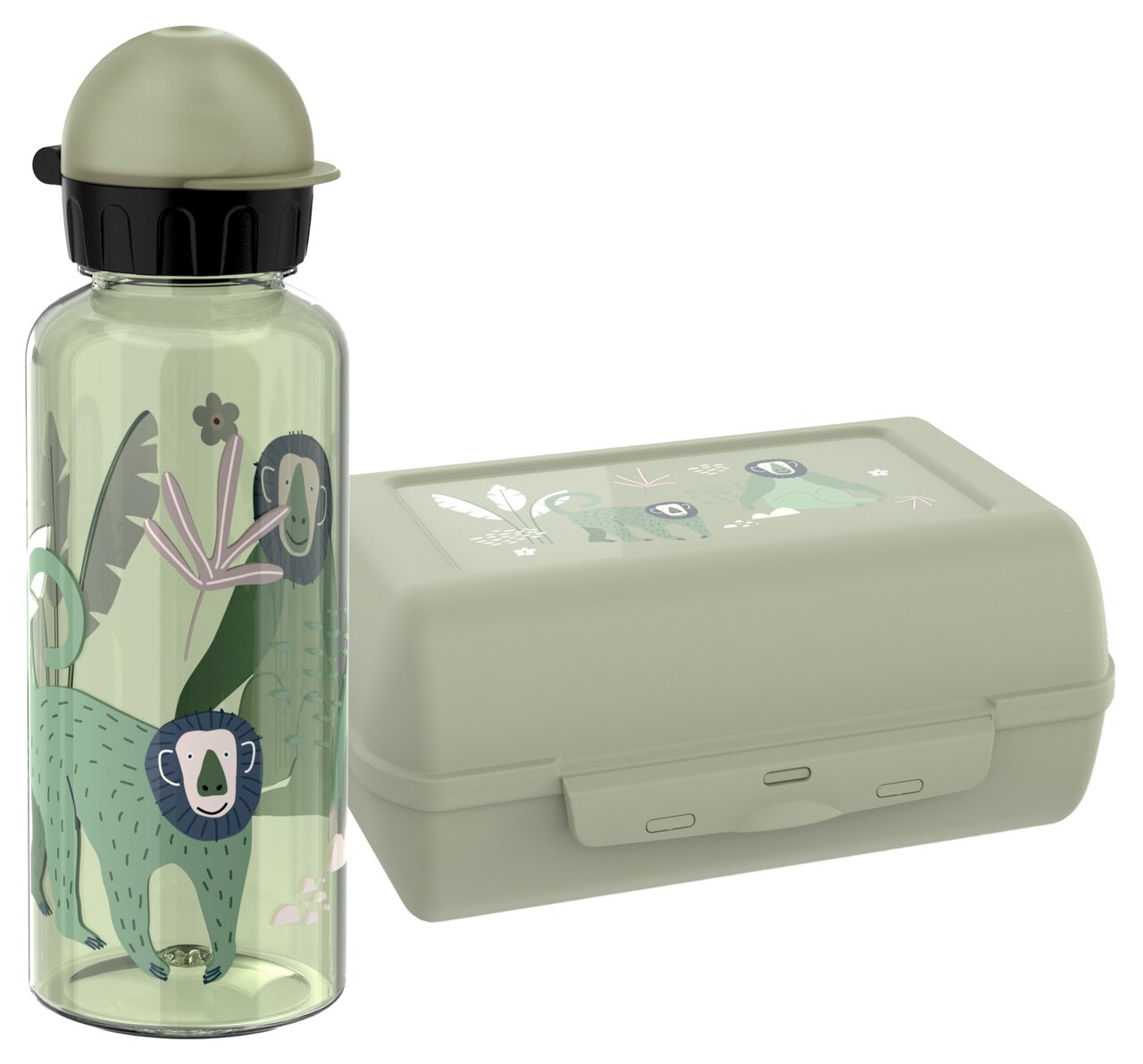 Emsa Kids-Set Affe 2-tlg. TRITAN Kinder-Set bestehend aus einer Trinkflasche und einer Brotdose mit Affenmotiv, seitliche Perspektive