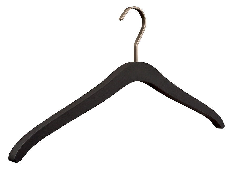Schwarzer Garderobenbügel aus Holz mit Metallhaken, seitliche Perspektive