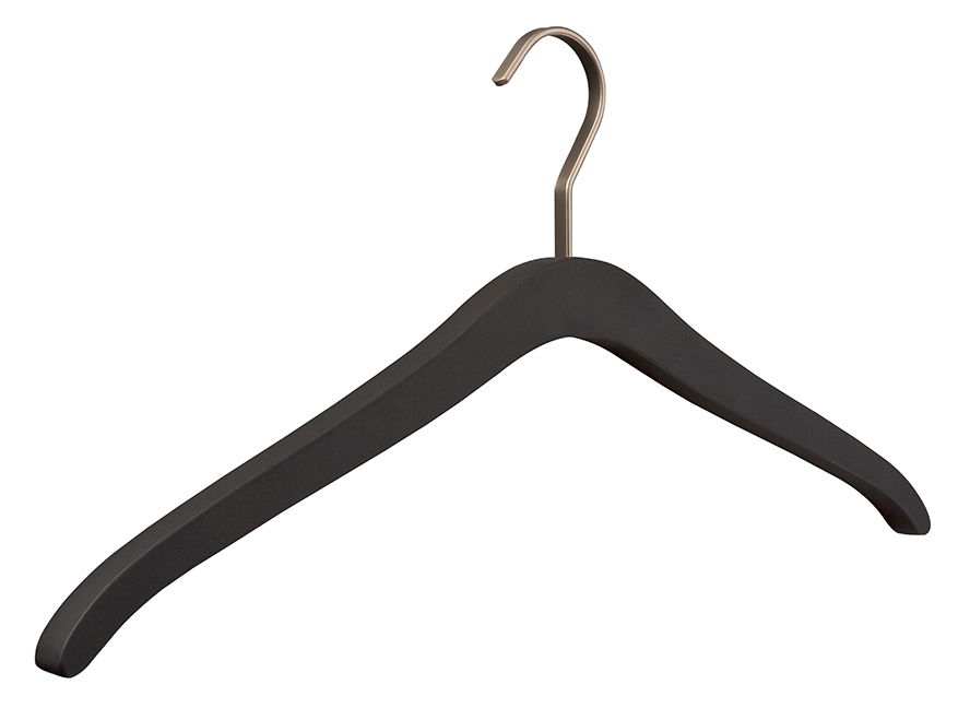 Schwarzer Garderobenbügel aus Holz mit Metallhaken, seitliche Perspektive
