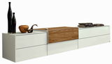 TV-Medienelement in modernem Design mit weißem Korpus und Holzdetails, seitliche Perspektive