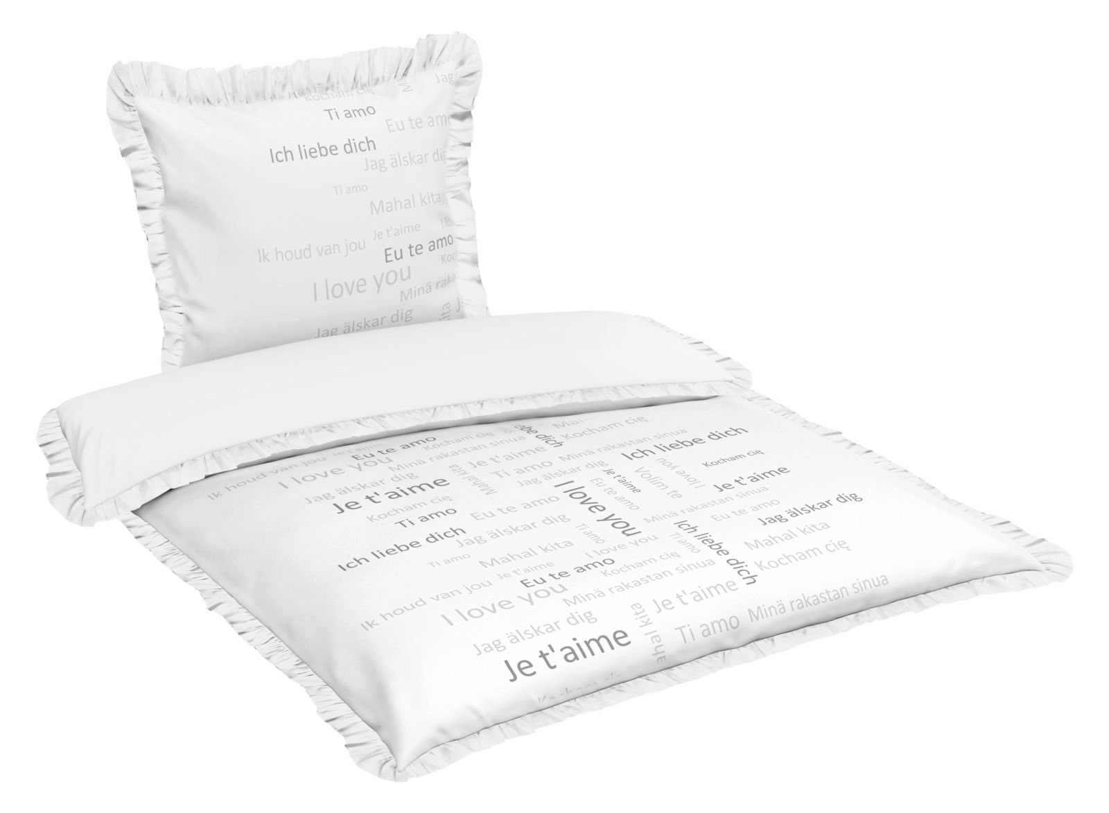 Bettwäsche-Set mit Kissen und Decke, bedruckt mit 'Ich liebe dich' in verschiedenen Sprachen, von schräg oben fotografiert.