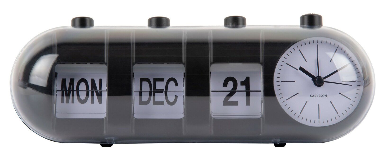 Tischuhr mit Kalenderfunktion, zeigt Montag, 21. Dezember an, mit analoger Uhr auf der rechten Seite, frontal aufgenommen.