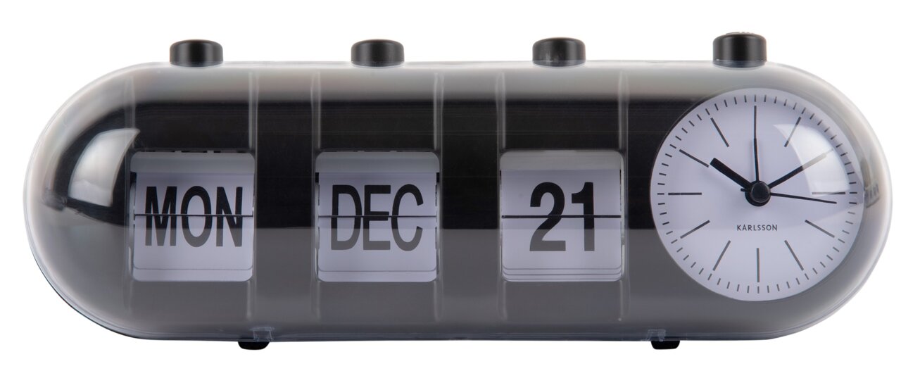 Tischuhr mit Kalenderfunktion, zeigt Montag, 21. Dezember an, mit analoger Uhr auf der rechten Seite, frontal aufgenommen.