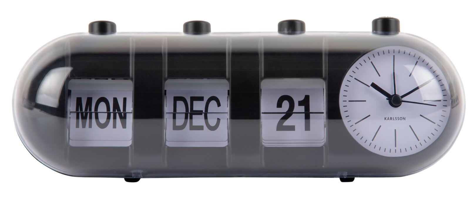 Tischuhr mit Kalenderfunktion, zeigt Montag, 21. Dezember an, mit analoger Uhr auf der rechten Seite, frontal aufgenommen.