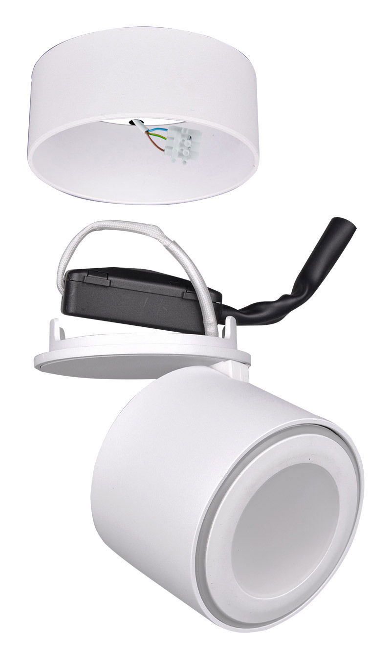 Weißer LED-Einbau- und Aufbauspot TAURUS, bestehend aus zwei zylindrischen Elementen, mit sichtbaren Kabeln und Anschlüssen, seitliche Perspektive.