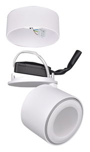 Weißer LED-Einbau- und Aufbauspot TAURUS, bestehend aus zwei zylindrischen Elementen, mit sichtbaren Kabeln und Anschlüssen, seitliche Perspektive.