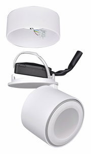 Weißer LED-Einbau- und Aufbauspot TAURUS, bestehend aus zwei zylindrischen Elementen, mit sichtbaren Kabeln und Anschlüssen, seitliche Perspektive.