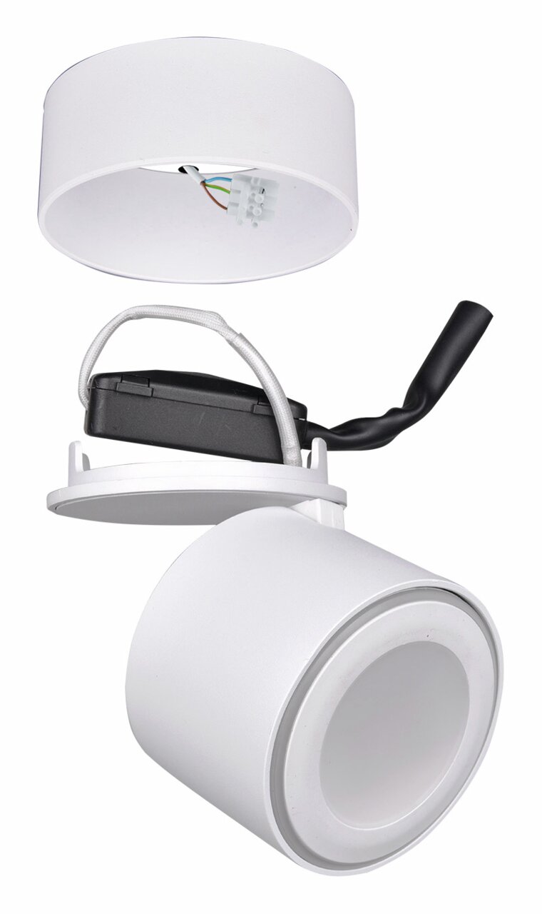 Weißer LED-Einbau- und Aufbauspot TAURUS, bestehend aus zwei zylindrischen Elementen, mit sichtbaren Kabeln und Anschlüssen, seitliche Perspektive.