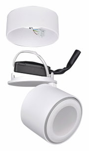 Weißer LED-Einbau- und Aufbauspot TAURUS, bestehend aus zwei zylindrischen Elementen, mit sichtbaren Kabeln und Anschlüssen, seitliche Perspektive.