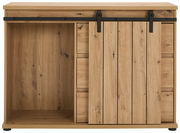 Frontansicht einer Kommode aus Holz mit Schiebetür und schwarzer Metallschiene.