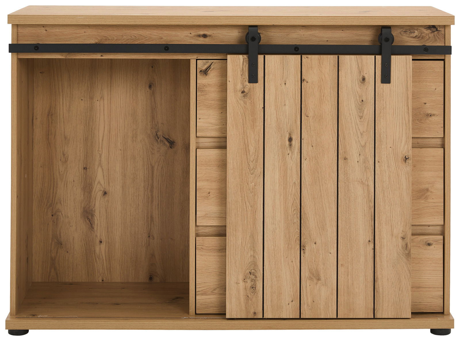 Frontansicht einer Kommode aus Holz mit Schiebetür und schwarzer Metallschiene.