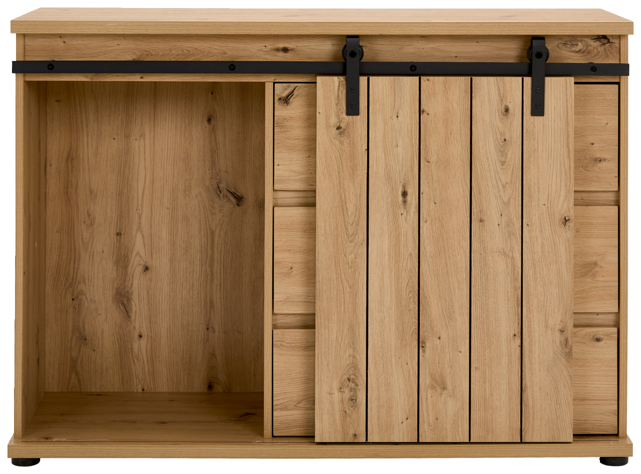 Frontansicht einer Kommode aus Holz mit Schiebetür und schwarzer Metallschiene.